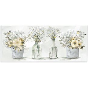 Stupell Industries Farmhouse Floral Bouquets Song Birds Rustic Vases, Designed by Carol Robinson Wall Plaque, 17 x 7, Yellow in Kuwait