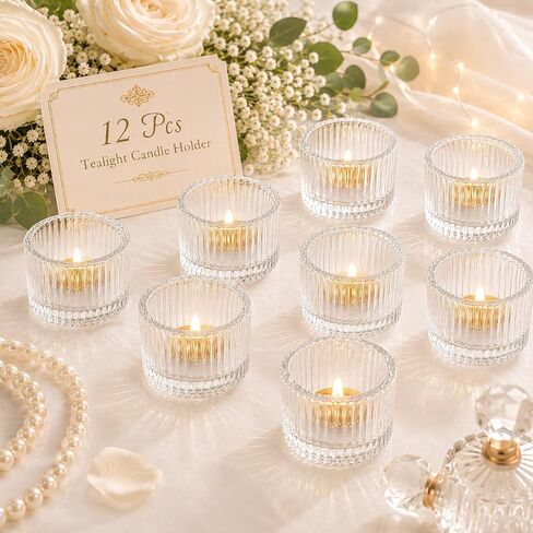 مجموعة حامل شموع Lanttu Tealight مكونة من 12 حامل شموع نذرية ذهبية صغيرة لقطعة الطاولة المركزية، حامل شموع زجاجية للشاي الخفيف للحفلات والمنزل، وعيد الميلاد، وديكور الزفاف (قطر 2 بوصة * 1.4 بوصة ارتفاع) in Kuwait