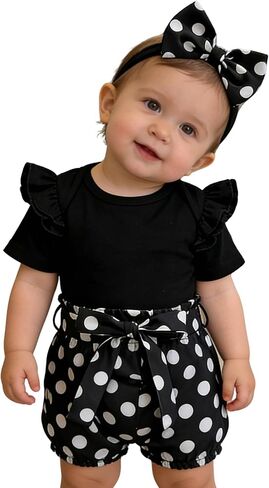 Baby Girl Ruffle Romper & Polka Dot Bloomers Set 0-18 month | Toddler ruffle shoulder romper set with bow. Ideal for newborn gift, parties & photos, holiday & everyday cute wear. in Kuwait