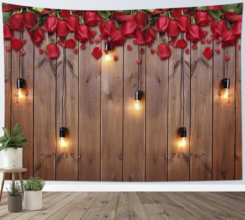HVEST Valentine's Day Tapestry Wall Hanging Red Roses Flower on Rustic Planks Tapestries Love Romantic Holiday Wall Art Blanket for Bedroom Living Room Dorm Party Wall Decor, 60W X 40H Inches in Kuwait