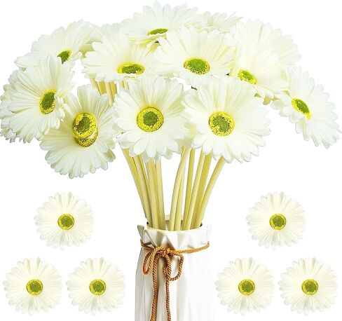 WILLBOND Artificial Gerbera Daisies Flowers Fake Daisy Faux Flowers Bouquet 15 Inch for Wedding Bridal Bouquet Party Home Kitchen (White, 18 Pieces) in Kuwait
