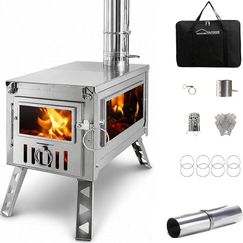 DANCHEL OUTDOOR HS6 Hot Tent Wood Stove with Glass for Camping, 304 Stainless Steel Secondary Combustion Folding Stove Portable with Reinforced Side Backpacking, 6.5ft/2M Chimney in Kuwait