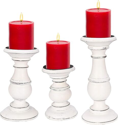 Candle Stands Wooden for Pillar Candles,Rounded Turned Colums, Sustainable Woods, Country Style, Idle for Reiki, Aromatherapy, Votive Candle Garden Home décor - 6 Inch Set of 2 - White Antique in Kuwait