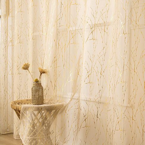 Deeprove Beige Sheer Curtains 96 inch Length 2 Panels, Tree Branch Gold Foil Print Metallic for Bedroom Dining Room Abstract Decor,Semi Sheer Window Treatment Pair Set, Rod Pocket, W52 x L 96" in Kuwait