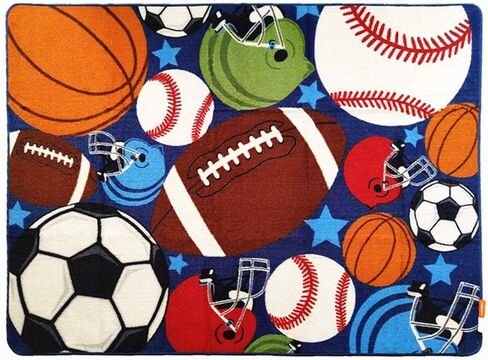 HUAHOO Kids Rug Round Fun Sport Rugs Lets Play Blue Childrens Rug Balls Print with Soccer Ball, Basketball, Football, Tennis Ball Bedroom Playroom Non Slip Bottom (39" Diameter Round) in Kuwait