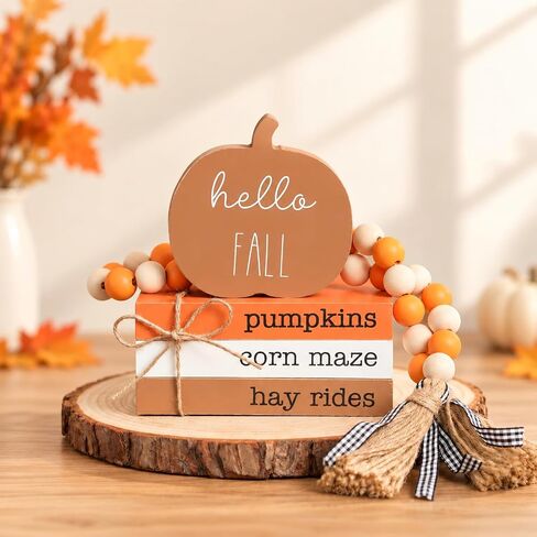 5PCS Fall Tiered Tray Decor, Hello Fall Wooden Pumpkin Sign Books Stacked Bundle with Brown Pumpkin for Thanksgiving Autumn Farmhouse Decor in Kuwait