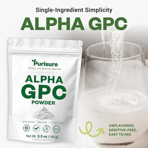 Purisure Alpha GPC 50% Powder, 100 g, Pure Alpha GPC Choline Supplement for Brain and Focus, CDP Choline Supplements for Memory Performance & Concentration, No Fillers, Non-GMO, Offers 167 Servings in Kuwait