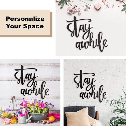 لافتة فنية جدارية معدنية من Vivegate Stay Awhile - قطعتان من علامات الحائط السوداء Stay Awhile لديكور جدار المنزل وديكور جدار المدخل (كبير - 33 بوصة × 15 بوصة) in Kuwait
