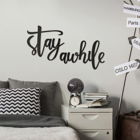 لافتة فنية جدارية معدنية من Vivegate Stay Awhile - قطعتان من علامات الحائط السوداء Stay Awhile لديكور جدار المنزل وديكور جدار المدخل (كبير - 33 بوصة × 15 بوصة) in Kuwait