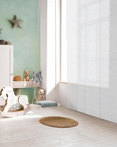 GoDear Design Adjustable Sliding Closet Door Blinds 45.8"- 86" W x 96" H, Extendable Panel Track Vertical Blinds for Sliding Doors, Shimmering Trimmable Fabric Panel Curtains, Semi-Sheer, Moonstone in Kuwait