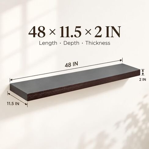 WELLAND 12" Deep Floating Shelves Espresso, Espresso Floating Shelves, 47.24" L x 11.81" D x 2" T, Deeper Than Others, Espresso in Kuwait