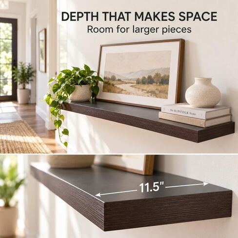 WELLAND 12" Deep Floating Shelves Espresso, Espresso Floating Shelves, 47.24" L x 11.81" D x 2" T, Deeper Than Others, Espresso in Kuwait