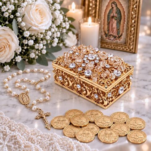 عملات وحدة الزفاف من CB Accessories - Arras de Boda - صندوق مزخرف مع تذكار من كريستالات حجر الراين 76 (ذهبي) in Kuwait