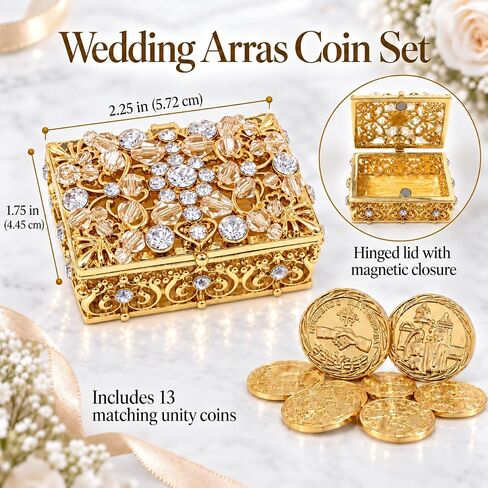 عملات وحدة الزفاف من CB Accessories - Arras de Boda - صندوق مزخرف مع تذكار من كريستالات حجر الراين 76 (ذهبي) in Kuwait
