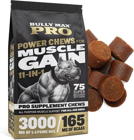 Bully Max 11-in-1 Muscle Gain Power Chews - High Protein Dog Supplement with Amino Acids - Healthy Treats for Puppy & Adult Dogs - Premium Muscle Builder for All Breeds - 75 Tasty Soft Dog Chews in Kuwait