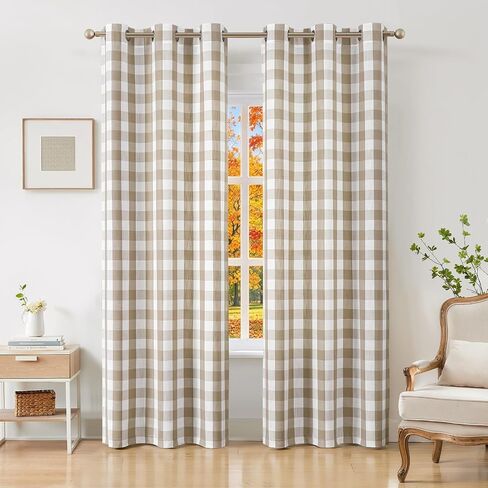 Amzdecor Buffalo Plaid Grommet Curtains 84 Inch Length, Green Semi-Sheer Gingham Check Farmhouse Rustic Textured Curtains Drapery for Living Room Bedroom,2 Panels （40" x 84",Green & White） in Kuwait