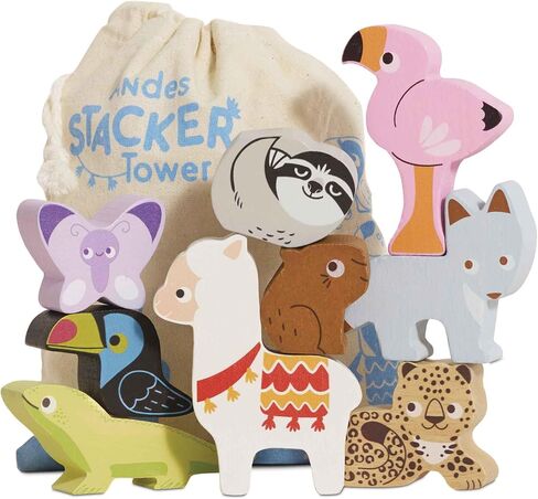 Le Toy Van - Wooden Toys - Andes Stacking & Bag - Petilou Forest Building Blocks Stacker & Bag Educational Balancing Activity Toy - Wooden Blocks Tropical Animal Toys - Kids Toys Age 18 Months + in Kuwait