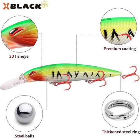 XBLACK Minnow Lures Set Hard Fishing Lures Set 5PCS Mixed Size and Color for Bass Trout in Saltwater and Freshwater, XBLACK Baits, Catch Big Fish! in Kuwait