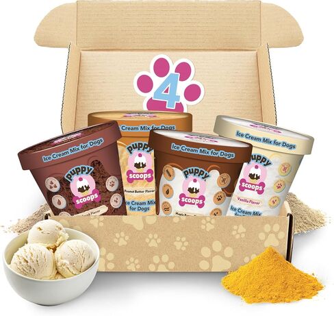Puppy Scoops Dog Ice Cream Mix - Just Add Water and Freeze at Home, Powder Mix with Ice Cream Cup and Reusable Lid, Variety Pack of 4 Pints of Ice Cream Mix for Dogs, 4 Count 4.65 oz Made in USA in Kuwait
