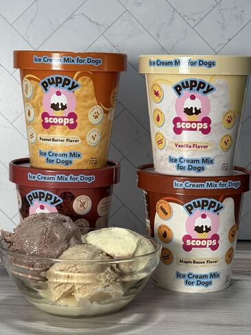 Puppy Scoops Dog Ice Cream Mix - Just Add Water and Freeze at Home, Powder Mix with Ice Cream Cup and Reusable Lid, Variety Pack of 4 Pints of Ice Cream Mix for Dogs, 4 Count 4.65 oz Made in USA in Kuwait