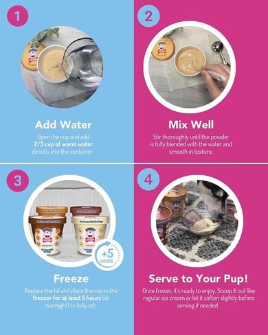 Puppy Scoops Dog Ice Cream Mix - Just Add Water and Freeze at Home, Powder Mix with Ice Cream Cup and Reusable Lid, Variety Pack of 4 Pints of Ice Cream Mix for Dogs, 4 Count 4.65 oz Made in USA in Kuwait