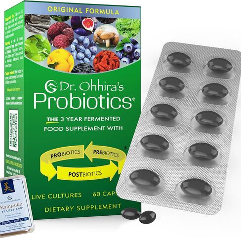 Dr. Ohhira's Probiotics Original Formula 30 Caps with Bonus Probiotic-Enhanced Beauty Bar Soap Travel Size 20g - No Refrigeration Supplement for Women Men Kids, 12 Live Strains, Gluten Free in Kuwait