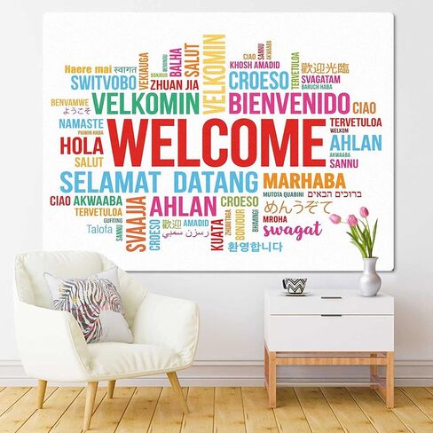 TOMPOP Tapestry World Welcome Word Cloud in Different Languages Conceptual Multilingual Home Decor Wall Hanging for Living Room Bedroom Dorm 50x60 Inches in Kuwait