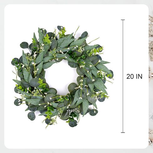 Artificial Green Eucalyptus Wreath,15 inches Greenery Wreath with Clusters of White Flowers Mini Spring/Summer Wreath for Front Door Wall Window Decor in Kuwait