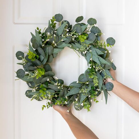 Artificial Green Eucalyptus Wreath,15 inches Greenery Wreath with Clusters of White Flowers Mini Spring/Summer Wreath for Front Door Wall Window Decor in Kuwait