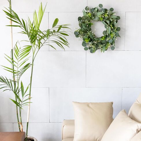 Artificial Green Eucalyptus Wreath,15 inches Greenery Wreath with Clusters of White Flowers Mini Spring/Summer Wreath for Front Door Wall Window Decor in Kuwait