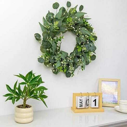Artificial Green Eucalyptus Wreath,15 inches Greenery Wreath with Clusters of White Flowers Mini Spring/Summer Wreath for Front Door Wall Window Decor in Kuwait