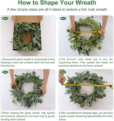 Artificial Green Eucalyptus Wreath,15 inches Greenery Wreath with Clusters of White Flowers Mini Spring/Summer Wreath for Front Door Wall Window Decor in Kuwait