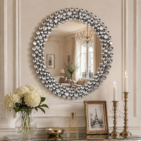 SHYFOY Crystral Round Mirror for Wall Decor,24" Large Wall Mirrors with Luxury Jeweled Decorative Mirror Circle Accent Mirror for Living Room Bathroom Bedroom Fireplace Decor in Kuwait