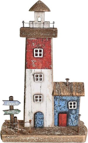 Wooden Lighthouse Decoration Nautical Decor Wood Lighted Lighthouse Ornament Decorative Lighthouse Tabletop Beach Decorations Coastal Decor Ocean Sea Home Decor Beach House Decor (16" H) in Kuwait