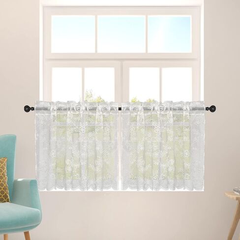 2 Pcs White Sheer Tier Curtains 45 Inches Long Lace Rod Pocket Small Window Curtains Vintage Floral Kitchen Bathroom Decorative Curtains in Kuwait