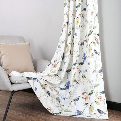 Leeva Linen Textured Sheer Window Curtains, Rod Pocket Semi Voile Drapes 84 Inch Long Vintage Birds Pattern Sheer Curtain Panels for Bedroom Living Room, 2 Pieces in Kuwait