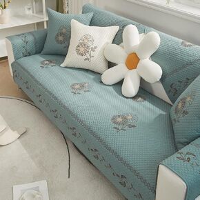 vctops Farmhouse Floral Embroidery Sofa Cover Cotton Quilted Sectional Couch Covers Nonslip Sofa Slipcover for Dogs Cats Pet Love Seat Recliner Leather L Shaped, Armrest Backrest Cover(Blue,36"x82") in Kuwait