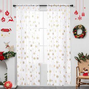 Christmas Sheer Curtains for Living Room, Luxury Snowflake Gold Foil Print Sheer Curtains, Rod Pocket Window Drapes Decorations for Bedroom and Home Decor, 2 Panels Green 52W x 63L in Kuwait