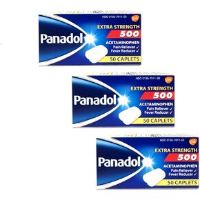 Panadol Extra Strength 500 Acetaminophen Pain Reliever and Fever Reducer Caplets, 50 Count (Pack of 3) in Kuwait