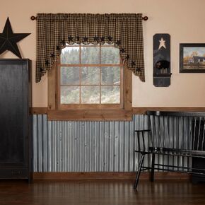 VHC Brands Black Star Scalloped Swag Set of 2 36x36x16 Primitive Rustic Country Curtains, Raven Black and Tan in Kuwait