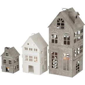 Americana Main Street Town House Candle Lanterns, Set of 3, Vintage Style, Weathered White and Rustic Gray, Metal, Hinged Doors, 14 1/2, 8 3/4 and 5 1/8 Inches Tall in Kuwait
