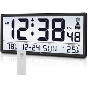 WallarGe Atomic Clock with Indoor Outdoor Temeperature - Easy to Read - Self Setting, 14.5'' Jumbo Auto Set Digital Wall Clock Battery Operated in Kuwait