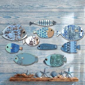 Yuntau 10 Pcs Wooden School of Fish Beach Wall Decor Fish Wall Art Wood Fish Nautical Coastal Theme Fish Wall Decor Hanging Fish Wall Art for Outdoor Lake House Home Beach Decor in Kuwait