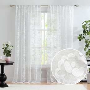 Jubilantex Leaf Lace Sheer Curtains for Bedroom 63" Long Beige Botanical Leaf Knitted Lace Curtain Panels Rod Pocket Light Filtering Drapes,52" W in Kuwait