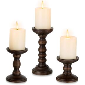 Romadedi Wood Candle Holders for Pillar - Set of 3 Tall Rustic Vintage Wooden Candlestick Holder, Farmhouse Candle Stand for Fireplace Mantle Shelf Table Retro Home Decor, Dark Brown, 3.9"/6"/ 8.3" in Kuwait