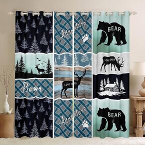 Bear Deer Curtains, Hunting Wild Animal Blackout Curtains Rustic Cabin Lodge Curtains & Drapes 38"Wx45"L 2 Panels, Farmhouse Blue Geometric Plaids Window Curtains, Blue Rustic Gifts For Men Bedroom in Kuwait