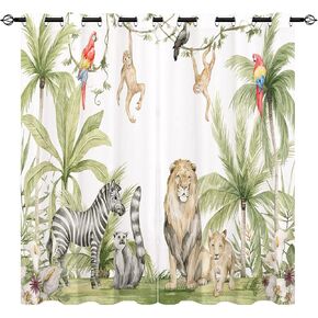 African Animal Curtains - Safari Jungle Tropical Lion Zebra Monkeys Parrots Palm Trees Flowers Pattern Waterproof Fabric Grommet Window Drapes for Nursery Bedroom 2 Panels W29.5 x L65 Inch in Kuwait