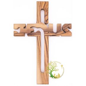 Holy Olive wood wall Cross with Jesus Name spelled on it/Handmade Wooden Crucifix carved by Christian craftsmen in the Holy Land (Large 8" x 5.5" x .5") in Kuwait