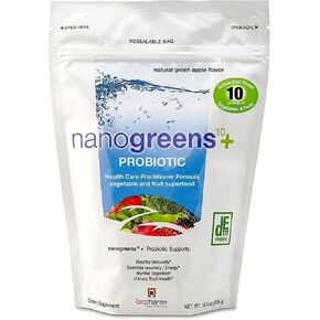 Biopharma Scientific Nanogreens + بروبيوتيك: مسحوق خضار فواكه وخضروات فائق الجودة، 5 مليار بروبيوتيك CFU لصحة الجهاز الهضمي مع سبيرولينا، شلوريلا، نكهة التفاح الأخضر، 30 حصة in Kuwait