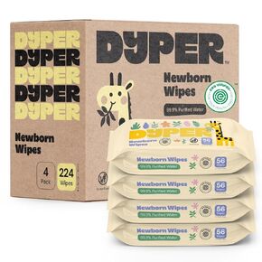 DYPER Newborn Baby Wipes, 99.9% Water, 100% Plant-Based, Hypoallergenic for Sensitive Newborn Skin, 4 Pack, 224 Wipes in Kuwait